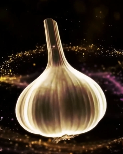 Glowing black garlic bulb surrounded by sparkling lights illustrating black garlic skincare benefits