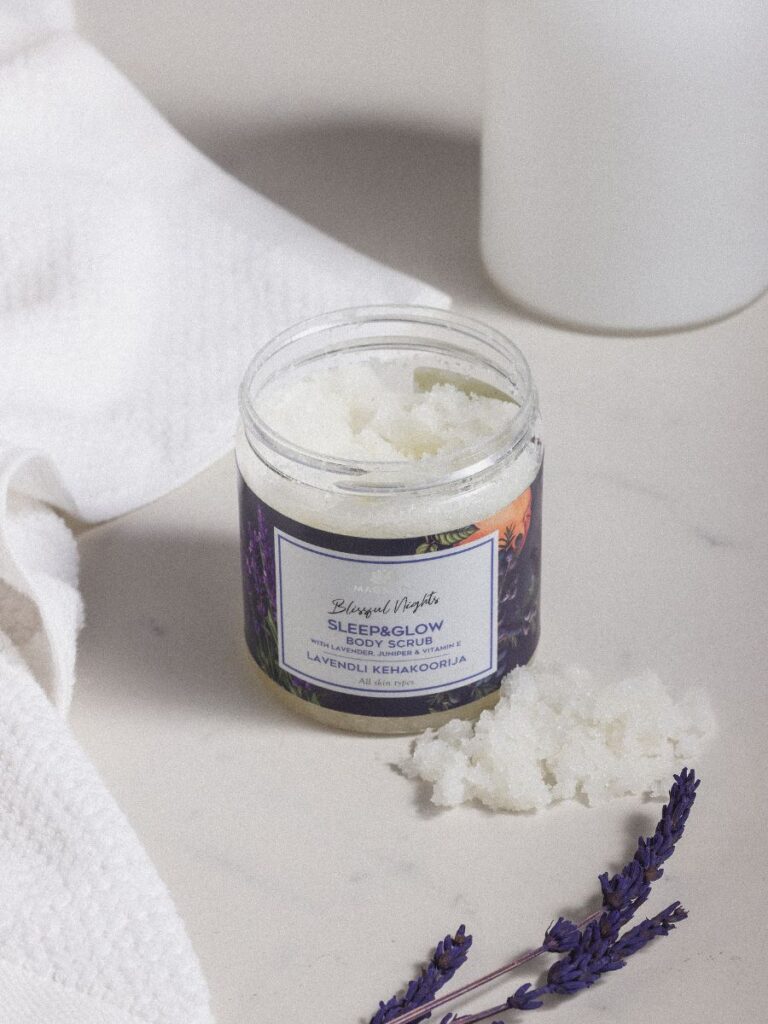 Magrada Organic Cosmetics luxury body gift set featuring SleepGlow body scrub with lavender on a white surface