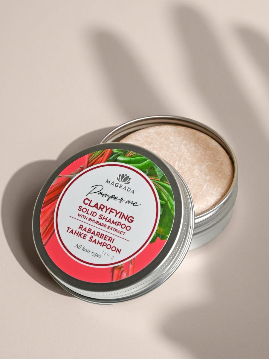 Magrada Organic Cosmetics clarifying solid shampoo with rhubarb extract in a round metal tin