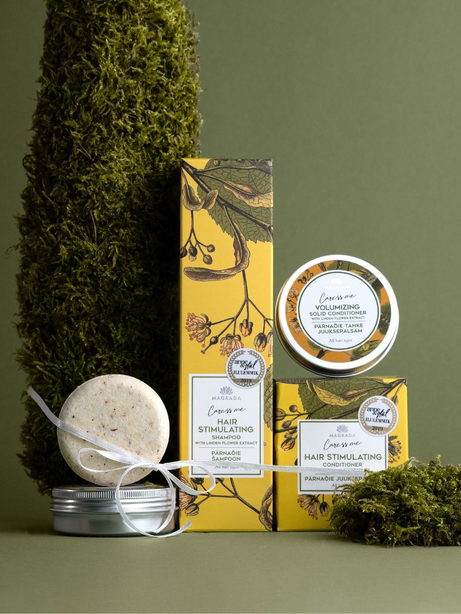 Magrada Organic Cosmetics volumizing hair set with hair stimulating shampoo and conditioner in botanical packaging