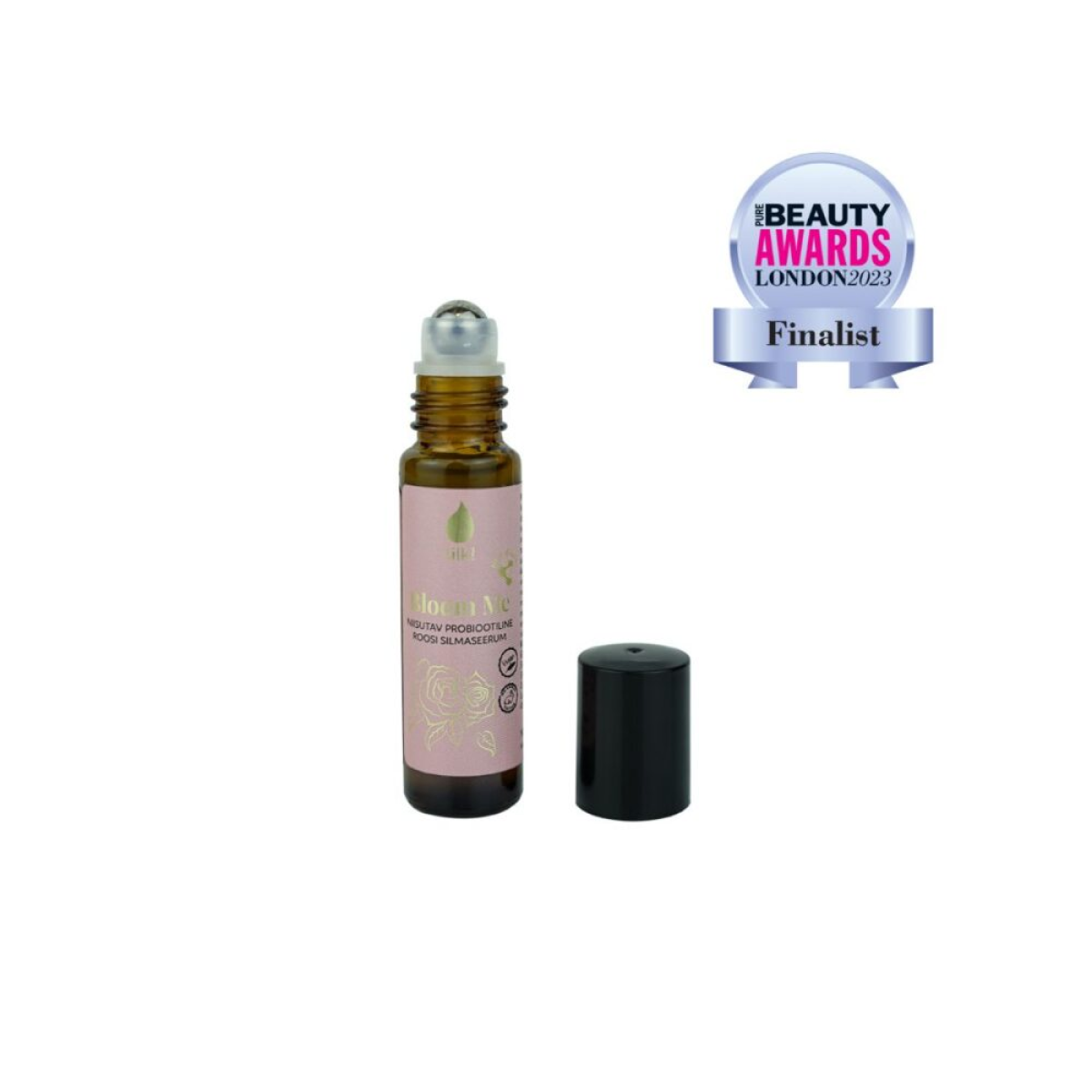 Tilk probiotic rose eye serum in a small brown roller bottle with black cap and award finalist badge
