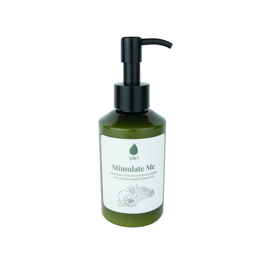 Tilk Stimulate Me AHA body lotion grapefruit in green pump bottle with white label