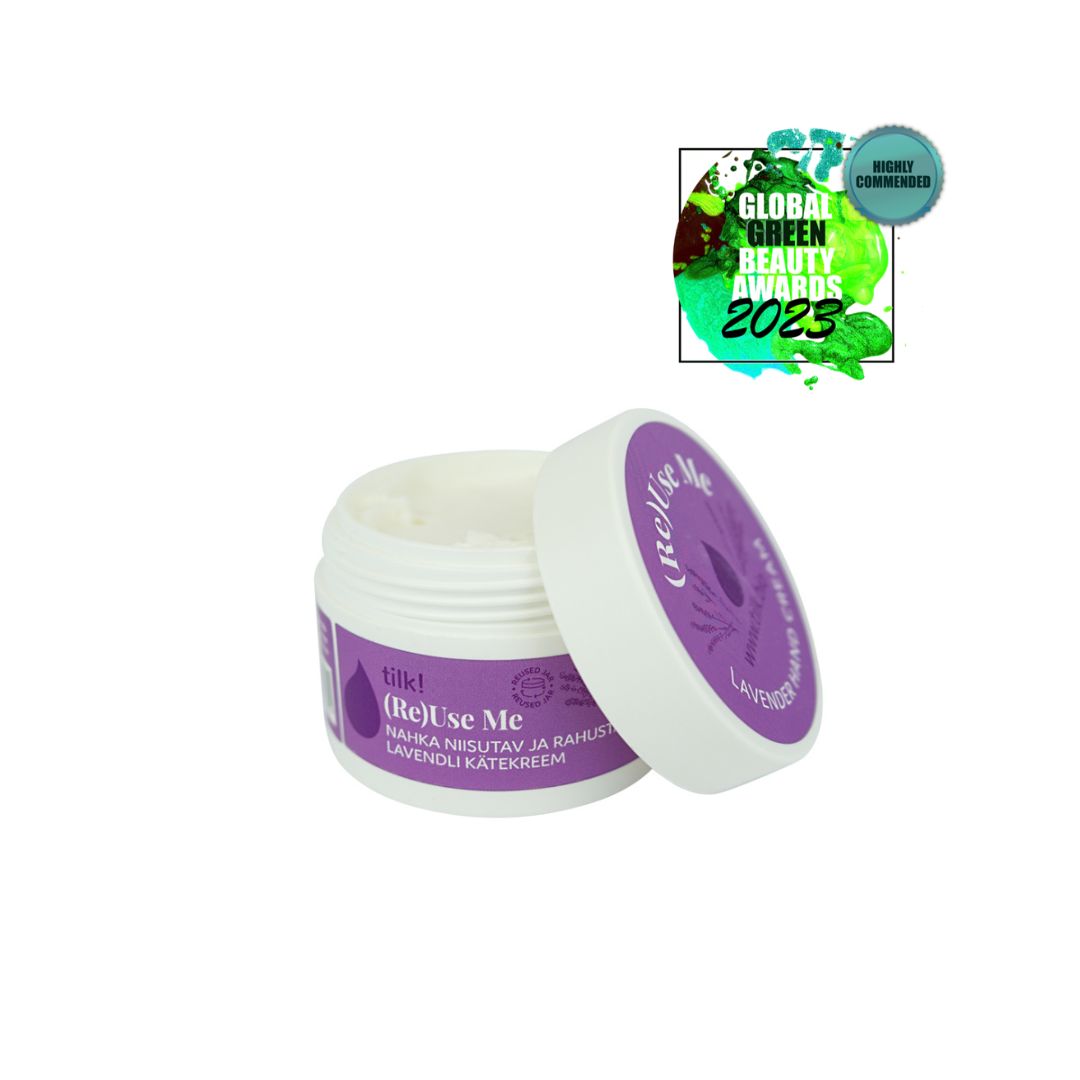 Tilk lavender hand cream 50ml open jar with purple label and Global Green Beauty Awards 2023 badge