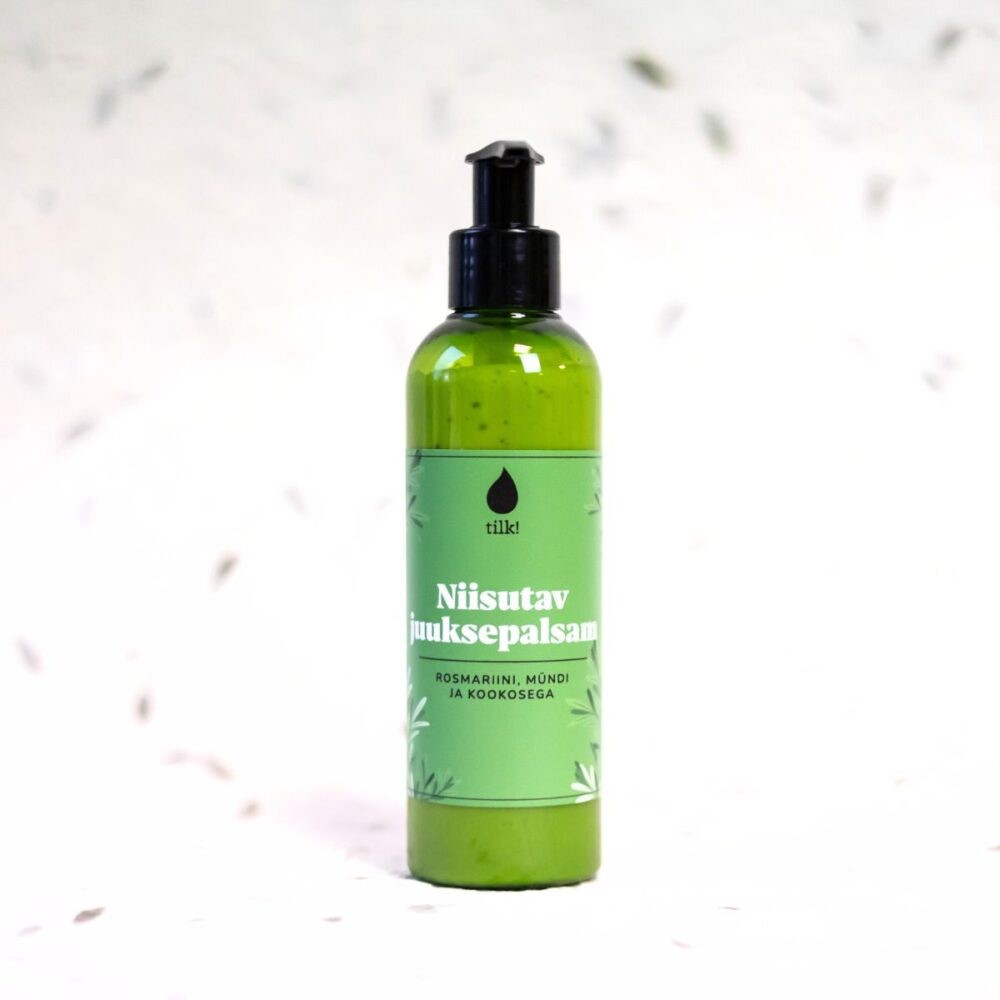Tilk mint rosemary hair conditioner in green pump bottle with natural ingredient label