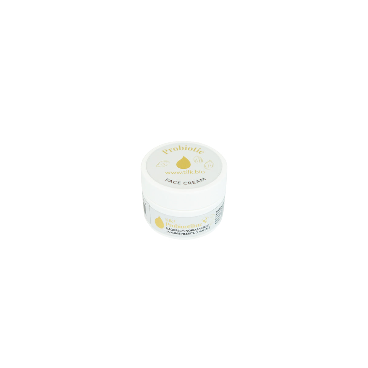 Tilk probiotic face cream in white jar with gold and black text for skincare