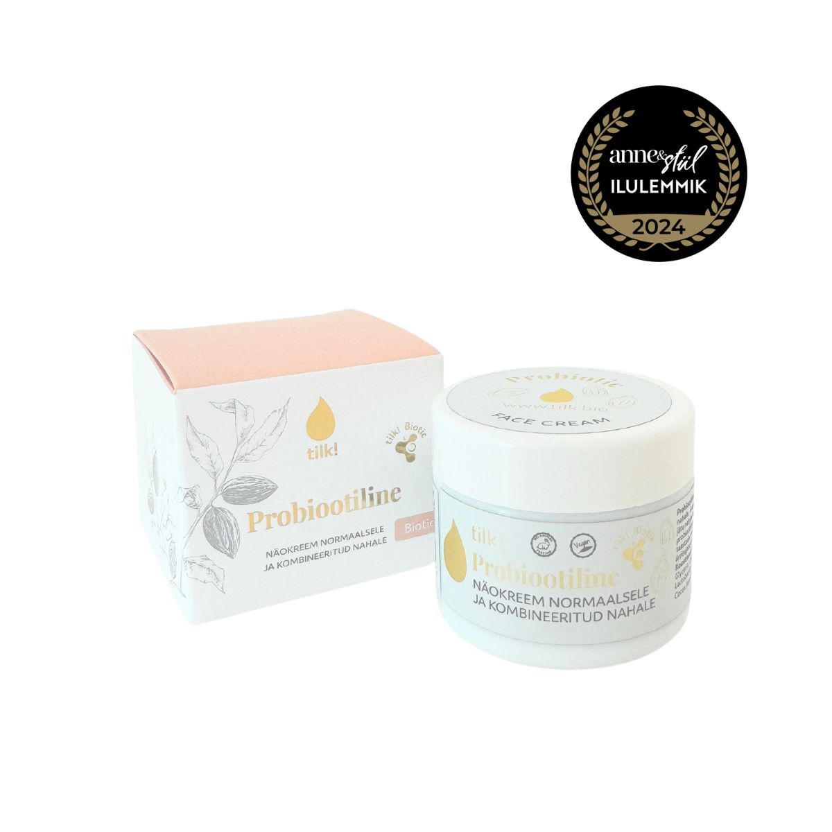 Tilk probiotic face cream for normal and combination skin in white jar with box packaging