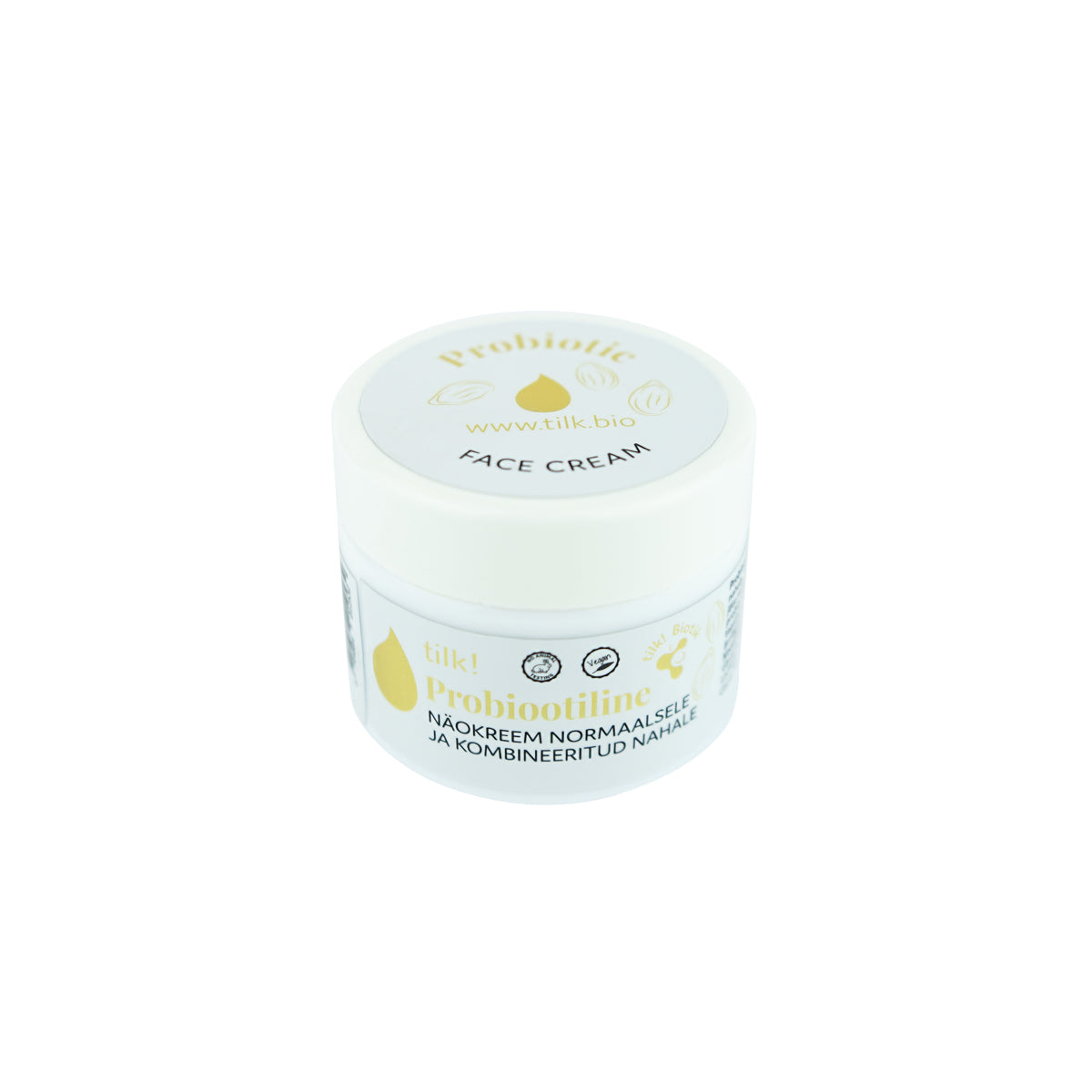 Tilk probiotic face cream jar designed for normal and combination skin in a white container