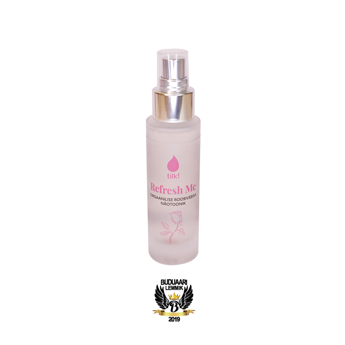 Tilk Refresh Me organic probiotic facial toner in a clear spray bottle with silver top
