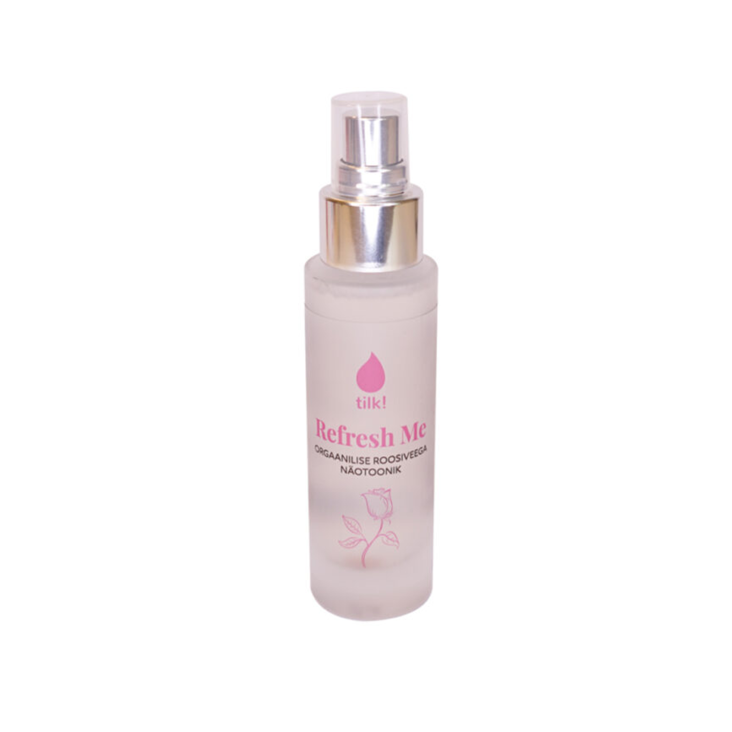 Tilk Refresh Me organic probiotic facial toner in frosted spray bottle with pink label