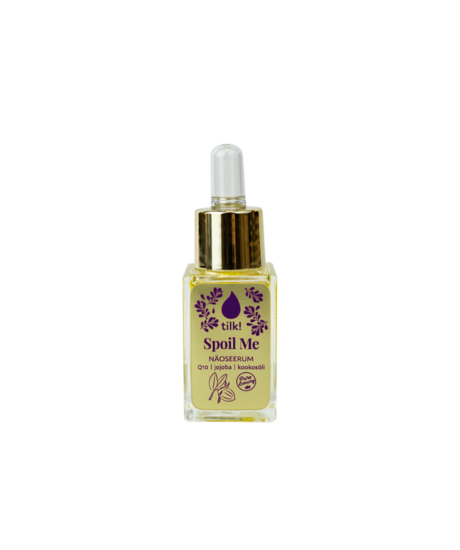 Tilk Spoil Me nourishing facial oil serum with Q10 jojoba and coconut oil in a glass dropper bottle