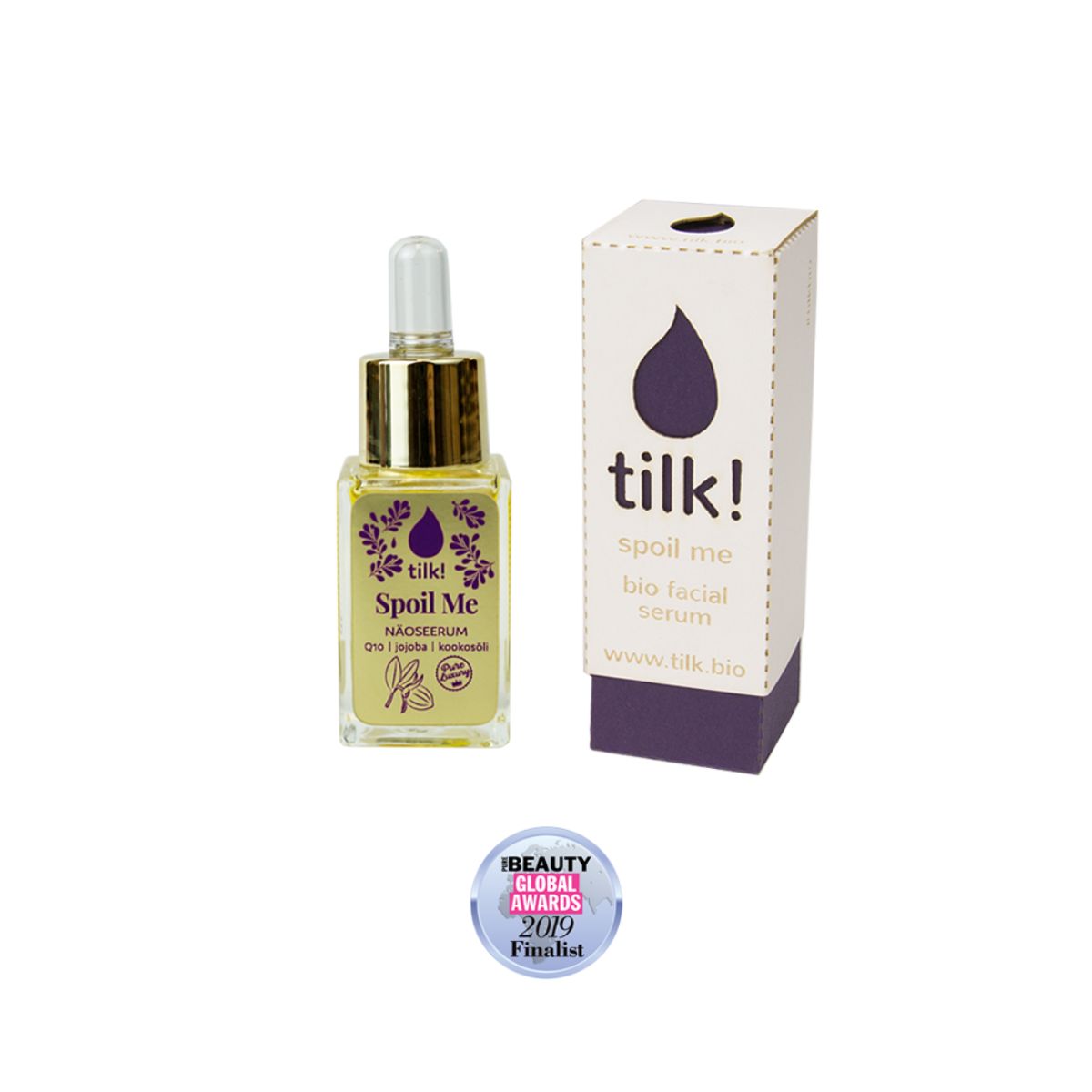 Tilk Spoil Me bio facial serum bottle with dropper and packaging box, 2019 Beauty Awards finalist