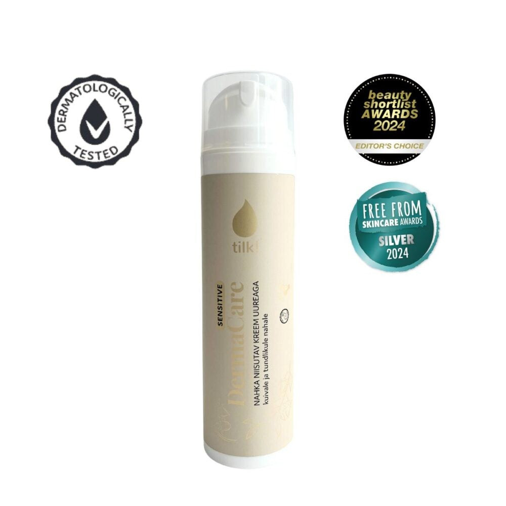 Tilk moisturizing cream for dry skin in pump bottle with dermatologically tested and award badges