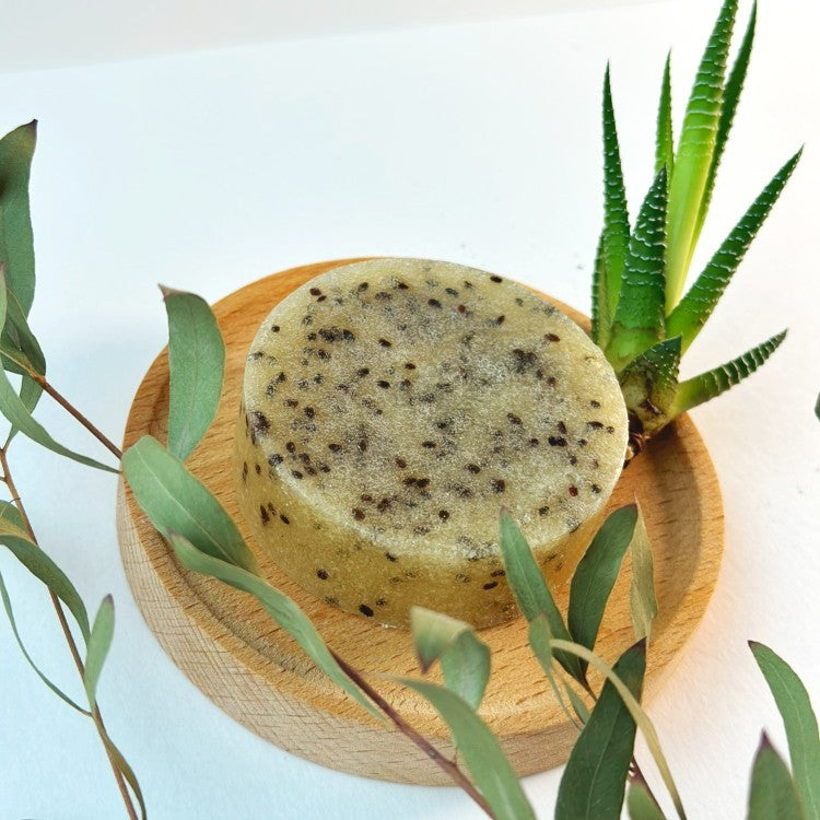 Vegan Fox kiwi seed body scrub bar on wooden dish with green succulent and leaves around