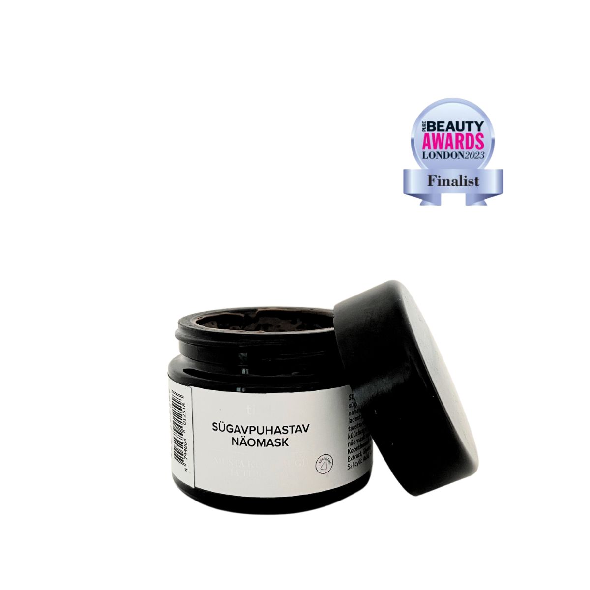 Tilk black jar of Sūgavpuhastav Näomask facial mask with open lid and Beauty Awards London 2023 finalist badge